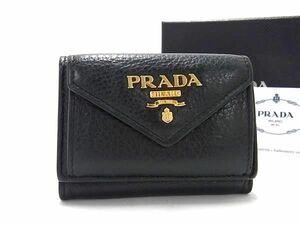 1円 PRADA プラダ 1MH021 レザー 三つ折り 財布 ウォレット 小銭入れ 札入れ レディース ブラック系 AW7514