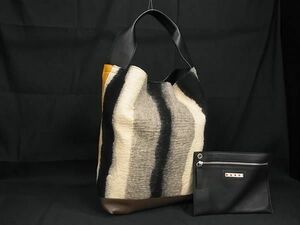 1円 ■美品■ MARNI マルニ ウール×レザー ポーチ付き ハンドバッグ トートバッグ レディース レディース アイボリー系 AW4967