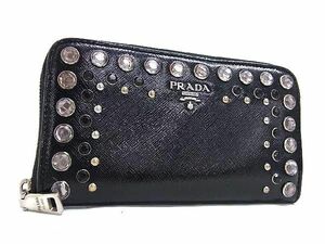 1円 PRADA プラダ サフィアーノレザー ラウンドファスナー 長財布 ウォレット 小銭入れ 札入れ レディース ブラック系 AW8108