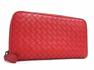 1円 ■美品■ BOTTEGA VENETA ボッテガヴェネタ イントレチャート レザー ラウンドファスナー 長財布 ウォレット レッド系 FA7540