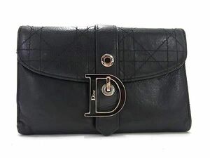 1円 ChristianDior ディオール カナージュ レザー 二つ折り 長財布 ウォレット 札入れ 小銭入れ レディース ブラック系 AX6435