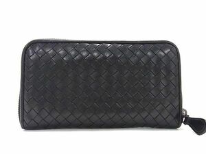 1円 BOTTEGA VENETA ボッテガヴェネタ イントレチャート レザー ラウンドファスナー 長財布 ウォレット 小銭入れ ブラック系 AW9498