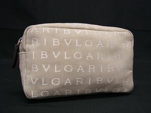 1円 BVLGARI ブルガリ ロゴマニア キャンバス×レザー ポーチ 化粧ポーチ マルチケース 小物入れ レディース メンズ ベージュ系 AW9500