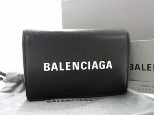 1円 ■美品■ BALENCIAGA バレンシアガ エブリデイ レザー 三つ折り 財布 ミニウォレット 小銭入れ 札入れ ブラック系 AW9837