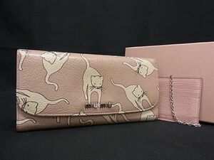 1円 ■美品■ miumiu ミュウミュウ レザー キャット 猫 二つ折り 長財布 ウォレット 札入れ 小銭入れ ピンクベージュ系 AW9844