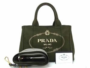 1円 ■美品■ PRADA プラダ 1BG439 カナパ キャンバス 2WAY クロスボディ ハンドバッグ トート 斜め掛け レディース カーキ系 AZ3988