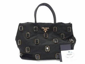 1円 ■極美品■ PRADA プラダ BN1752 テスートナイロン×レザー ビジュー トートバッグ ハンドバッグ レディース ブラック系 AZ4017