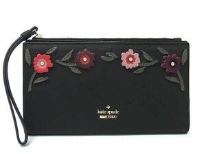 ■美品■ kate spade ケイトスペード レザー フラワー 花柄 ホック 二つ折り 長財布 ウォレット 札入れ 小銭入れ ブラック系 DD6913