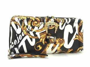 ■美品■ VERSACE JEANS COUTURE ヴェルサーチジーンズクチュール PVC ラウンドファスナー 長財布 ウォレット ブラック系 DE3281