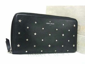 1円 ■美品■ JIMMY CHOO ジミーチュウ スタースタッズ レザー ラウンドファスナー 長財布 ウォレット レディース ブラック系 BG8724