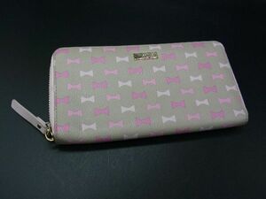 ■美品■ kate spade ケイトスペード レザー リボン柄 ラウンドファスナー 長財布 ウォレット ベージュ系×ピンク系 DE2546