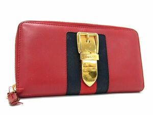 1円 GUCCI グッチ 476083・2067・ レザー ラウンドファスナー 長財布 ウォレット レディース メンズ レッド系 AX3795