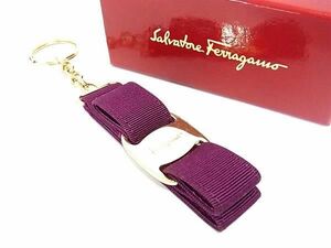 1円 ■美品■ Salvatore Ferragamo フェラガモ ヴァラリボン キャンバス キーホルダー キーリング バッグチャーム ワインレッド AZ2081