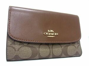 1円 ■美品■ COACH コーチ F32485 シグネチャー PVC×レザー 三つ折り 財布 ウォレット 小銭入れ レディース メンズ ブラウン系 FA8080