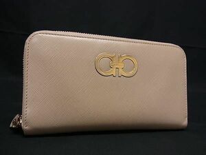 1円 ■美品■ Salvatore Ferragamo フェラガモ IY-22 B300 ダブルガンチーニ レザー ラウンドファスナー 長財布 ベージュ系 FA8089