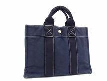 1円 ■美品■ HERMES エルメス ドーヴィルPM コットン100％ シルバー金具 ハンドバッグ トート メンズ レディース ネイビー系 FB0717_画像1