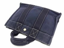 1円 ■美品■ HERMES エルメス ドーヴィルPM コットン100％ シルバー金具 ハンドバッグ トート メンズ レディース ネイビー系 FB0717_画像3