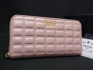 1円 ■美品■ PRADA プラダ 1M0506 レザー ラウンドファスナー 長財布 ウォレット 小銭入れ 札入れ カード入れ ピンクベージュ系 AX6851