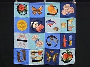 1 jpy # ultimate beautiful goods # GUCCI Gucci silk 100% total pattern large size scarf stole shawl lady's blue group × multicolor AZ3779