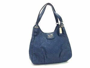 1円 ■美品■ COACH コーチ 19625 オプアート レザー パンチング ハンドバッグ トート ショルダー 肩掛け レディース ネイビー系 AX6575