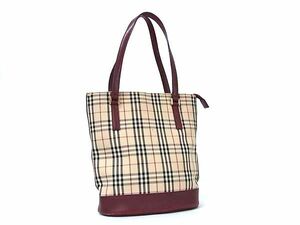 1円 BURBERRY バーバリー ノバチェック キャンバス×レザー トートバッグ ショルダー 肩掛け ベージュ系×ボルドー系 AX6622