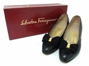 Salvatore Ferragamo フェラガモ レザー×スエード リボン ヒール パンプス 表記サイズ 6 約23.5cm 靴 レディース ブラック系 DD7186