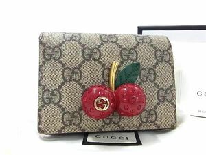 1円 ■美品■ GUCCI グッチ 476050 525040 GGスプリーム GG柄 PVC×レザー チェリー 二つ折り 財布 ウォレット ブラウン系 AW7606