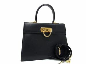 1円 Salvatore Ferragamo フェラガモ Q212181 ガンチーニ レザー 2WAY ワンハンドル ハンドバッグ ショルダー 肩掛け ブラック系 AY1680