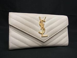 1円 SAINT LAURENT サンローラン カサンドラ Vステッチ レザー 二つ折り 長財布 ウォレット レディース アイボリー系 AY2094