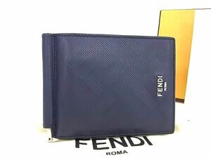 1円 ■極美品■ FENDI フェンディ PVC マネークリップ 二つ折り 財布 ウォレット 札入れ メンズ レディース ネイビー系 FB0782