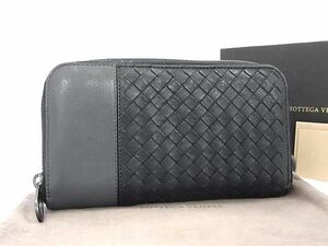 1円 ■極美品■ BOTTEGA VENETA ボッテガヴェネタ イントレチャート レザー ラウンドファスナー 長財布 ウォレット ブラック系 FB0767