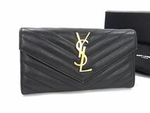 1円 ■美品■ SAINT LAURENT サンローラン カサンドラ Vステッチ レザー 二つ折り 長財布 ウォレット レディース ブラック系 AZ4086_画像1