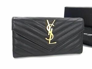 1円 ■美品■ SAINT LAURENT サンローラン カサンドラ Vステッチ レザー 二つ折り 長財布 ウォレット レディース ブラック系 AZ4086