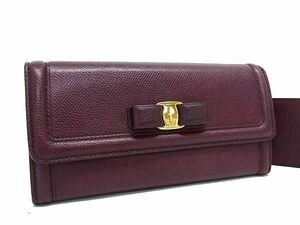 1円 ■美品■ Salvatore Ferragamo フェラガモ ヴァラリボン レザー パスケース付き 二つ折り 長財布 ウォレット ワインレッド系 AY4098