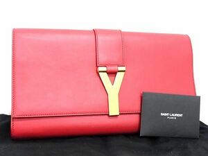 1円 ■美品■ SAINT LAURENT サンローラン レザー クラッチバッグ セカンドバッグ レディース レッド系×ゴールド系 AZ2391