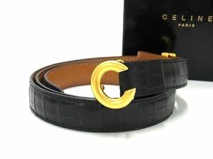 1 jpy # beautiful goods # CELINE Celine crocodile type pushed . leather Gold metal fittings belt declared size 75 lady's black group AY4089