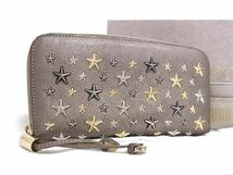 1円 JIMMY CHOO　ジミーチュウ フィリパ スタースタッズ レザー ラウンドファスナー 長財布 ウォレット レディース グレー系 AY4421_画像1