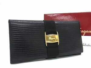 1円 ■美品■ Salvatore Ferragamo フェラガモ 22 3059 ヴァラ リザード型押しレザー 二つ折り 長財布 ウォレット ブラック系 FC5002