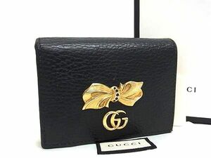 1円 ■美品■ GUCCI グッチ 524289 0959 GGマーモント レザー リボン 二つ折り 財布 ウォレット レディース ブラック系 AY4477