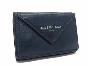 1円 ■美品■ BALENCIAGA バレンシアガ ペーパーミニ レザー 三つ折り 財布 ウォレット レディース ネイビー系 AY4542