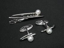 1円 ■美品■ MIKIMOTO ミキモト 本真珠 アコヤ真珠 パール 約6mm〜7mm SV925 カフス ネクタイピン 2点セット シルバー系 AY4392_画像1