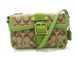 1 jpy # beautiful goods # COACH Coach 1485 signature canvas × leather Heart brooch attaching shoulder bag brown group × green group AW8845
