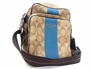 1 jpy # beautiful goods # COACH Coach F70589 signature worn te-ji stripe PVC Cross body shoulder bag diagonal .. brown group AY2363