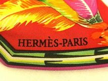 1円 ■美品■ HERMES エルメス シルク100% フェザー柄 ツイリー リボンスカーフ レディース レッド系×マルチカラー FA7028_画像3