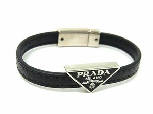 1円 ■美品■ PRADA プラダ サフィアーノレザー トライアングルロゴ ブレスレット アクセサリー ブラック系×シルバー系 FA4547