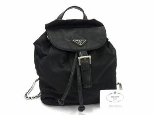 1円 PRADA プラダ B4821 テスートナイロン×レザー チェーン 巾着型 リュックサック バックパック メンズ レディース ブラック系 BJ3120