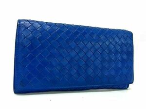 1円 BOTTEGA VENETA ボッテガヴェネタ イントレチャート レザー 二つ折り 長財布 ウォレット 札入れ 小銭入れ カード入れ ブルー系 FC4980