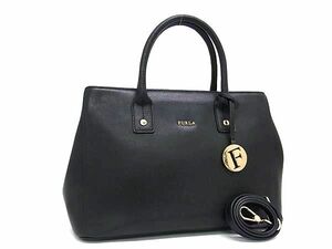 1円 ■美品■ FURLA フルラ リンダ レザー 2WAY ハンドバッグ トートバッグ ショルダーバッグ レディース ブラック系 BK1810