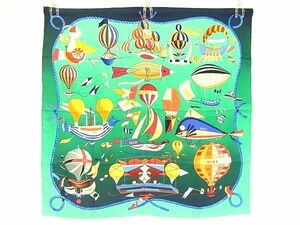 1円 ■新品同様■ HERMES エルメス LES FOLIES DU CIEL【大空の狂気】 カレ90 シルク100% スカーフ ストール ブルーグリーン系 FC4477