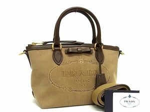 1円 ■極美品■ PRADA プラダ 1BA111 キャンバス×レザー 2WAY リボン クロスボディ ハンドバッグ トート ショルダー カーキ系 AY4928